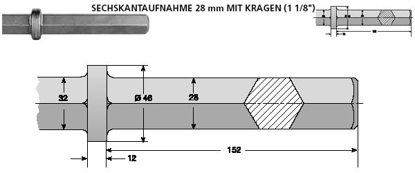 Hikoki Spatmeißel Sechskanthalter 28mm mit Bund (1 1/8 Zoll ) 76x500mm H65SD2,H70SD,H90SE,H90SG / -751573
