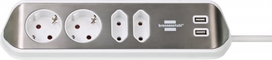 Brennestuhl brennenstuhl®estilo Eck-Steckdosenleiste 4-fach mit hochwertiger Edelstahloberfläche für Küche und Büro (Tischsteckdose mit 2x Schutzkontakt-Steckdosen, 2x Euro-Steckdosen, inkl. USB-Ladefunktion)