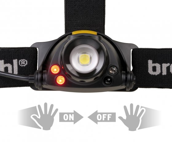 Brennenstuhl LuxPremium LED Akku Sensor Kopflampe / Wiederaufladbare LED Stirnlampe mit Sensor und Rotlicht (Outdoor Stirnlampe IP44 mit Infrarot Sensor zum berührungslosen Einschalten, bis zu 50h Leuchtdauer, 400lm)