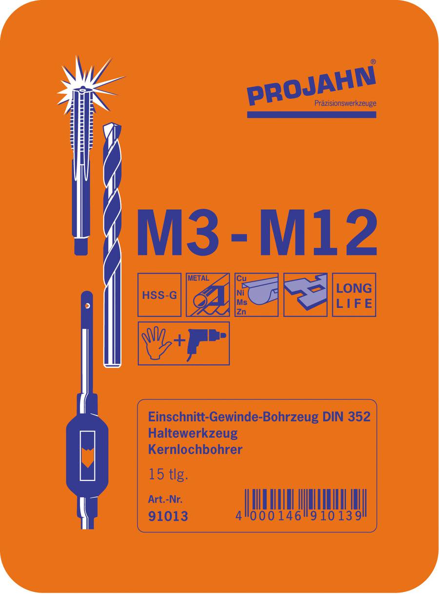 Projahn Einschnitt Gewinde Bohrzeugsatz HSS-G 15tlg M3-M12 Standard -91013