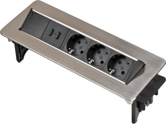 Brennenstuhl Indesk Power USB-Charger Tischsteckdosenleiste / Versenkbare Steckdosenleiste 3-fach mit 2 USB Ladebuchsen (ideal für Küche oder Arbeitsplatz, 2m Kabel)