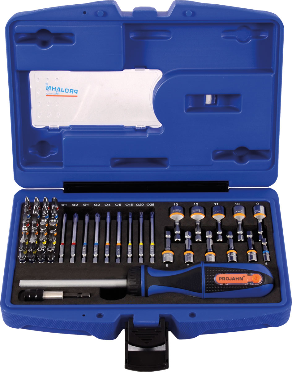 Projahn COLOR Bit-Box Universal mit 6,3 / 1/4" 25 mm + 38 mm + 75 mm 60-tlg. Ratschenschraubendreher Professional -4097