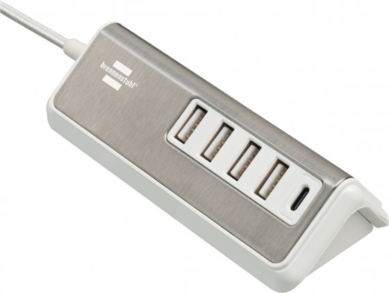 Brennenstuhl brennenstuhl®estilo Mehrfach USB Ladegerät / USB Ladestation mit hochwertiger Edelstahloberfläche (4x USB-A Ladebuchsen und 1x USB C Power Delivery Ladebuchse, mit 1,5m Textilkabel)