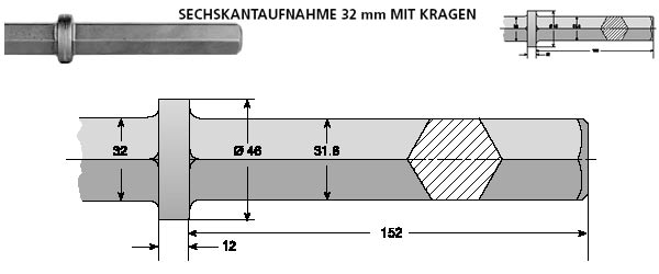 Hikoki Spitzmeißel Sechskanthalter 28mm mit Bund (1 1/8 Zoll ) 550mm H65SD2,H70SD,H90SE,H90SG -751571